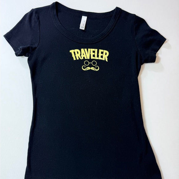 Abella Tops - Bella Black Travel Steampunk T Shirt with Yellow Print Size Small
